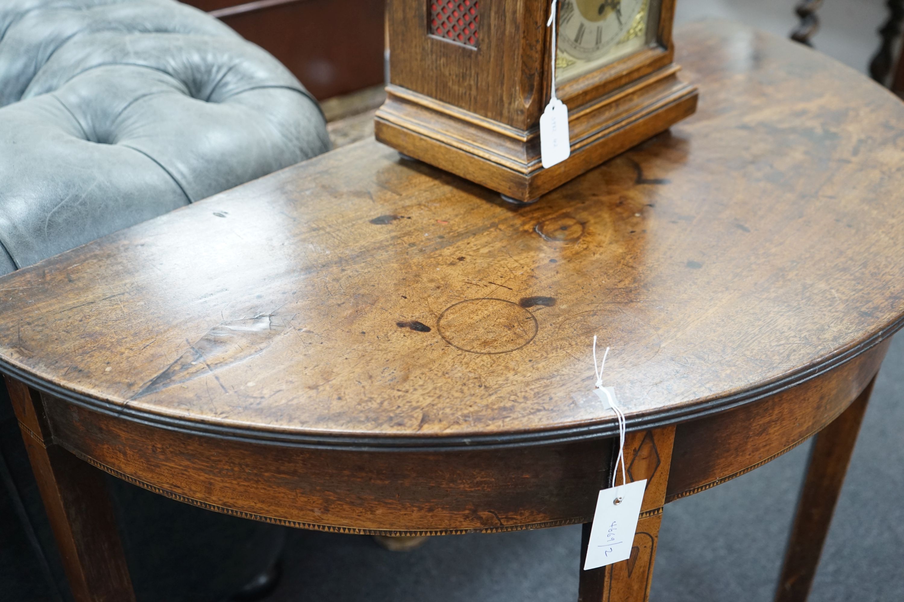 A George III inlaid mahogany D shaped side table, width 102cm, depth 50cm, height 73cm